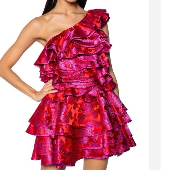 SHE IS BEAUTY BROCADE RUFFLE MINI DRESS out of stock item cocktail SzS NWT - Picture 1 of 12